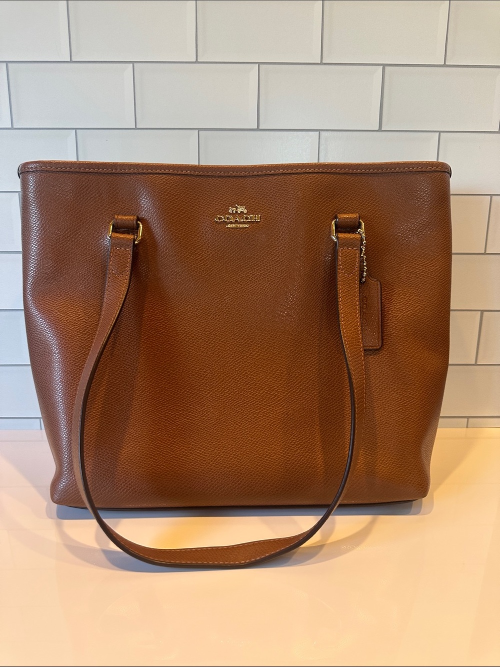 Coach Brown Pebbled Leather Tote with Gold Hardware